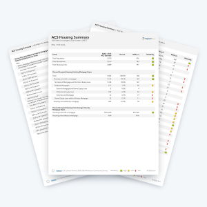 ACS Housing Summary sample report pages with American Community Survey housing data for 1, 3 and 5 mile rings.