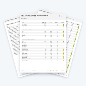 ACS Key Population & Household Facts sample report pages with American Community Survey population and household data.