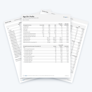 Age 50+ Profile sample report pages with population, household and income data for residents aged 50 and older.