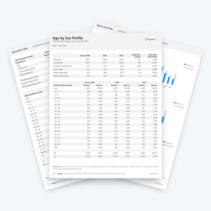 Age by Sex Profile sample report pages with population by age group for men and women, including an age chart.