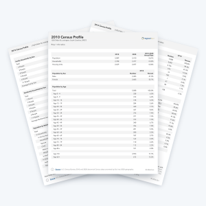 2010 Census Profile sample report pages with 2010 Census population, household and housing data by ring.