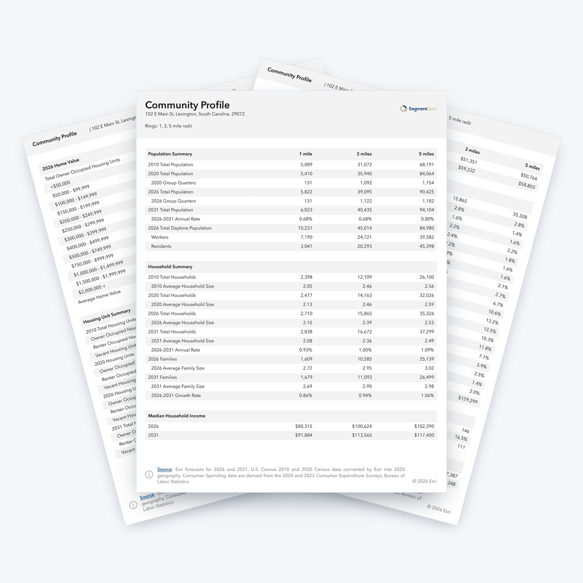 Community Profile sample report pages with population, household, income, age and housing summaries for 1, 3 and 5 miles.