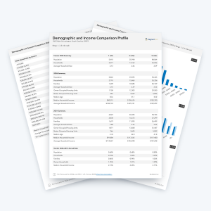 Demographic & Income Comparison Profile sample pages comparing population, income and age across 1, 3 and 5 mile rings.