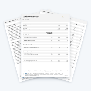 Retail Market Potential sample report pages with shopping behavior and Market Potential Index by product.